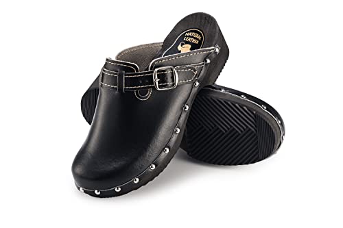 ESTRO Clogs Damen Holz Leder - Clogs Herren Damen Clogs Leder Holzschuhe Herren Holzclogs Damen mit rutschfest Sohle CDL08 (35, Schwarz) von ESTRO