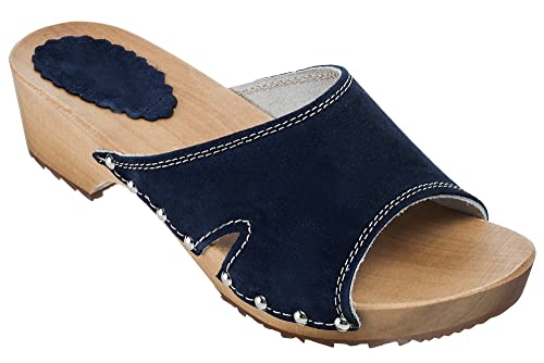 ESTRO Clogs Damen Holz Leder - Holzclogs Damen Clogs Leder Holzschuhe mit rutschfest Sohle CDL01 (35, CDL04 Dunkelblau) von ESTRO
