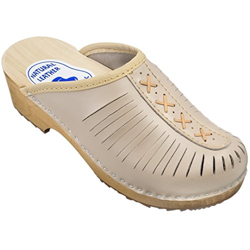 ESTRO Clogs Damen Holz Leder - Holzclogs Damen Clogs Leder Holzschuhe mit rutschfest Sohle CDL01 (37, CDL01 Cappuccino) von ESTRO