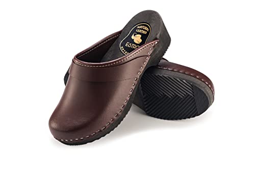 ESTRO Clogs Damen Holz Leder - Clogs Herren Holzschuhe Herren Holzclogs Damen mit rutschfest Sohle CDL07 (39, Braun) von ESTRO