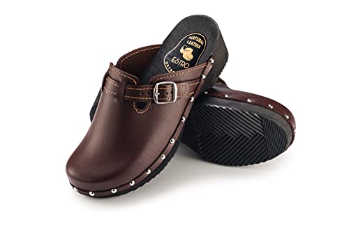 ESTRO Clogs Damen Holz Leder - Clogs Herren Holzschuhe Herren Holzclogs Damen mit rutschfest Sohle CDL05 (46, Braun) von ESTRO