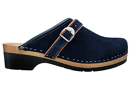 ESTRO Damen Clogs Leder Schuhe aus Holz CDL05 (Dunkelblau, 35) von ESTRO