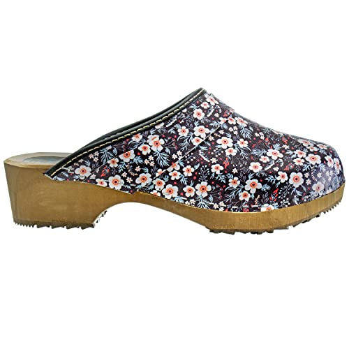 ESTRO Clogs Damen Holz Leder - Holzclogs Damen Clogs Leder Holzschuhe mit rutschfest Sohle CDL01 (CDL06 Blumen, 40) von ESTRO