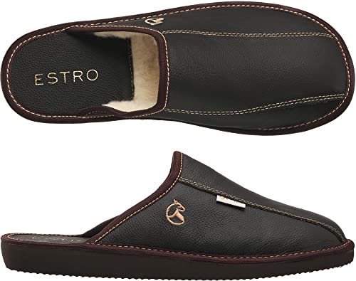 ESTRO Hausschuhe Herren Leder Herrenhausschuhe - Hausschuh Männer Pantoffel Pantoffeln Pantoletten Slipper Mann FROST (41 EU, Kakao/Wolle) von ESTRO