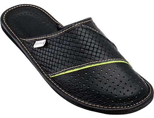 ESTRO Hausschuhe Herren Leder Herrenhausschuhe - Hausschuh Männer Pantoffel Pantoffeln Pantoletten Slipper Mann M66 (Schwarz, Numeric_48) von ESTRO