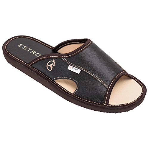 ESTRO Hausschuhe Herren Leder Herrenhausschuhe - Hausschuh Männer Pantoffel Pantoffeln Pantoletten Slipper Mann Verano (40 EU, Kakao) von ESTRO