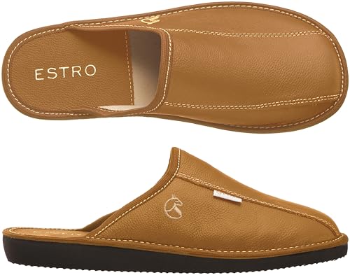 ESTRO Hausschuhe Herren Leder Herrenhausschuhe - Hausschuh Männer Pantoffel Pantoffeln Pantoletten Slipper Mann Warm Rust (40 EU, Gold) von ESTRO