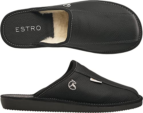 ESTRO Hausschuhe Herren Leder Herrenhausschuhe - Hausschuh Männer Pantoffel Pantoffeln Pantoletten Slipper Mann Warm Rust (41 EU, Schwarz Wolle) von ESTRO