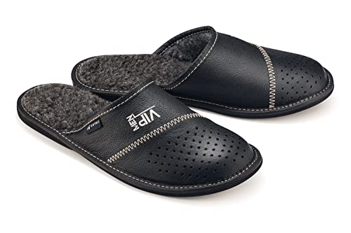 ESTRO Hausschuhe Herren Winter Warm - Hausschuhe Herren Leder Herrenhausschuhe Hausschuh Männer Pantoffeln Leder MZ01 (Schwarz, 44 EU) von ESTRO