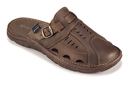 ESTRO Sandalen Herren Leder Pantoletten - Echtleder Sommerschuhe Herren Schlappen Männer mit Rutschfeste Gummisohle S4 (40, Braun) von ESTRO