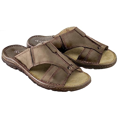 ESTRO Sandalen Herren Sommer Leder - Echtleder Sommerschuhe Herren Schlappen Männer mit Rutschfeste Gummisohle s1 (44, Beige) von ESTRO