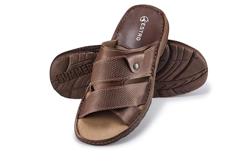 ESTRO Sandalen Herren Sommer Leder - Echtleder Sommerschuhe Herren Schlappen Männer mit Rutschfeste Gummisohle s5 (41 EU, Braun) von ESTRO