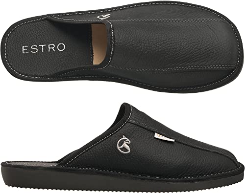 ESTRO Hausschuhe Herren Leder Herrenhausschuhe - Hausschuh Männer Pantoffel Pantoffeln Pantoletten Slipper Mann Warm FROST (42 EU,Onyx) von ESTRO