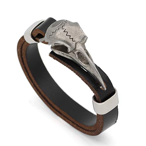 ESTUYOYA - Armband Rabe Schädel aus echtem Leder und Edelstahl Echtleder Armband Nordic Stil Wikinger Odin Tier Mythologie Amulett Glück, Edelstahl Leder von ESTUYOYA