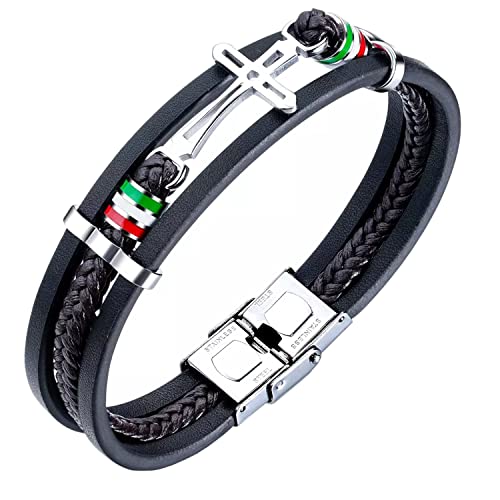 ESTUYOYA - Armband aus Leder und Edelstahl Exklusives Italien Flagge und Kreuz mit Anti-Lost-Sicherheitsschloss Einstellbare Größe Unisex von ESTUYOYA
