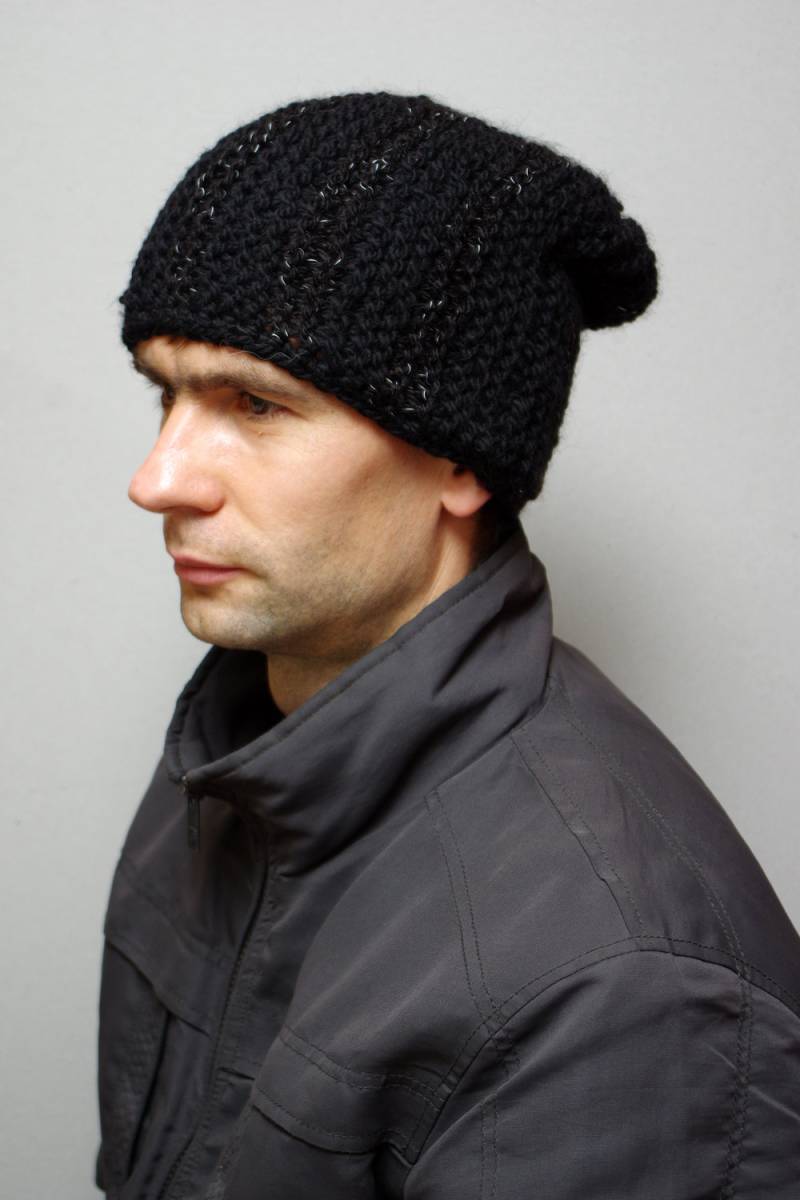 Herren Strick Slouchy Beanie Schwarze Reflective Wintermütze von ESTtoYou