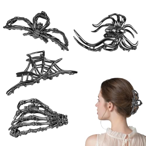 Goth Haarklammer,ESYFOR 4 Stück Haarklammern Damen Mädchen Groß Spinnennetz Schädelklaue Fledermaus Spinne Halloween Haarspangen Halloween Haarschmuck für Haarstyling Zubehör von ESYFOR