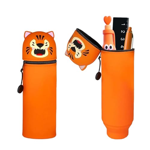 ESYFOR Federmäppchen Silikon 2-in-1, Mäppchen Mädchen Jungs Unisex Kawaii Tiger Federtasche Stand Up Große Kapazität Stifthalter Weiche Silikontasche für Kinder von ESYFOR