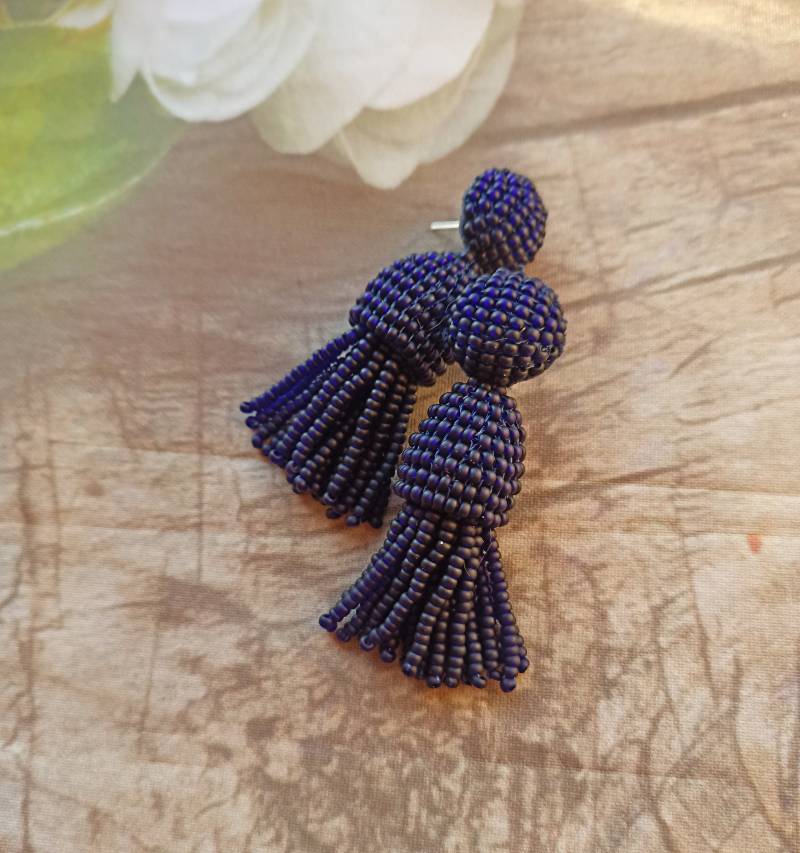 Navy Oscar De La Renta Perlen Quasten Ohrringe Sterling Silber Ohrstecker, Handgemacht von ESavenko