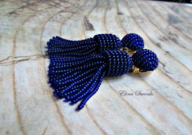 Oscar Perle Quaste Styl Perlen Renta Ohrringe Baumeln Ohrring Sterling Silber Lustered Dunkelblau von ESavenko