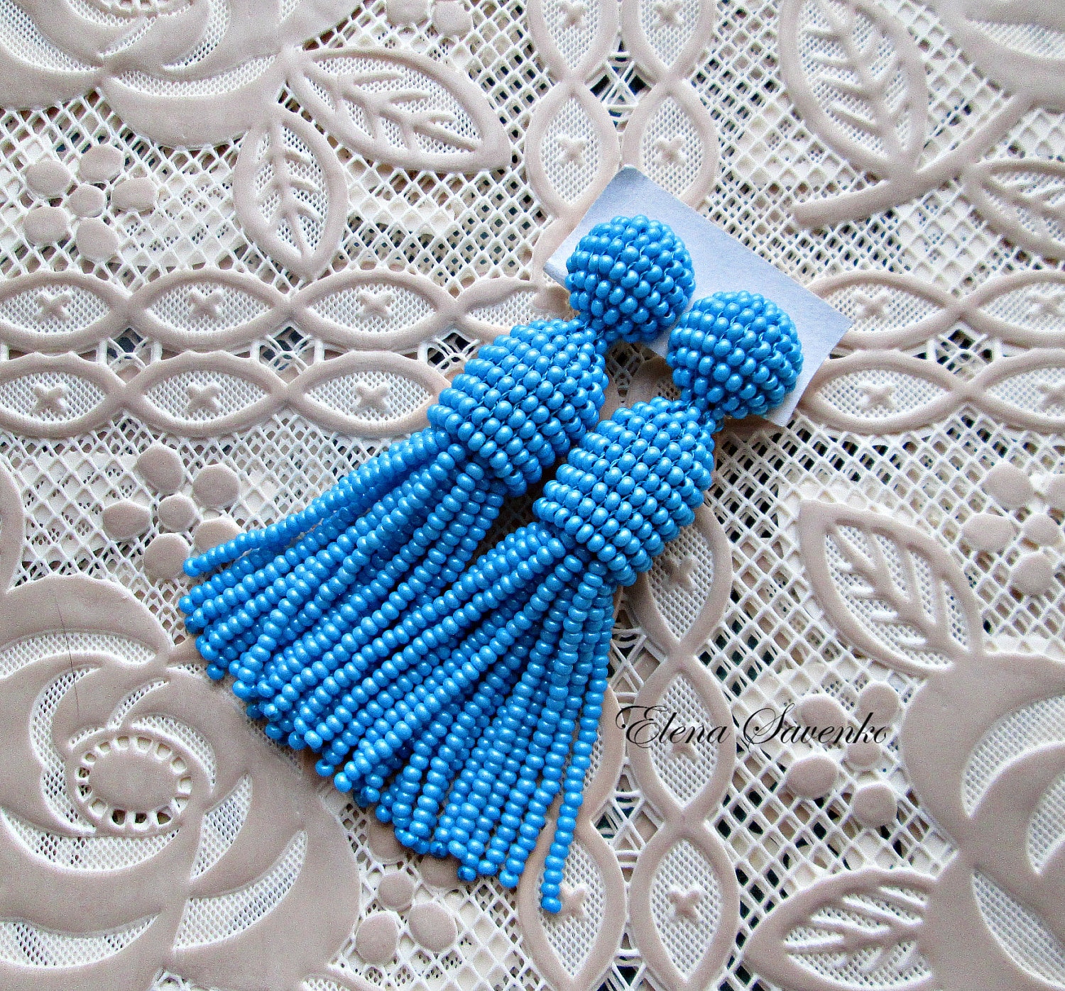 Oscar Perle Quaste Styl Perlen Renta Ohrringe Baumeln Sterling Silver Bolzenbabyblau Farbe von ESavenko