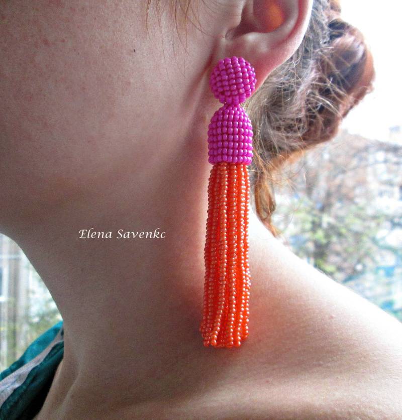 Perlen Quaste Oscar De La Renta Ohrringe Sterling Silber, Pink & Orange Ohrringe von ESavenko