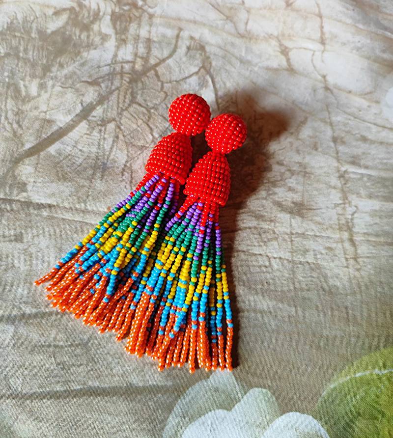 Regenbogen Oscar De La Renta Ohrringe Perlen Quasten Ohrringe Sterling Silber Ohrstecker, Handgemacht von ESavenko