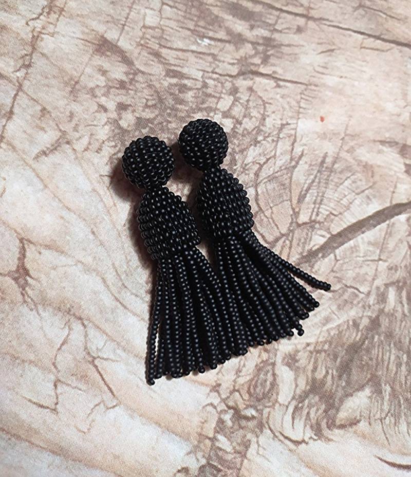 Schwarz Oscar De La Renta Perlen Quasten Ohrringe Sterling Silber Ohrstecker Baumeln von ESavenko