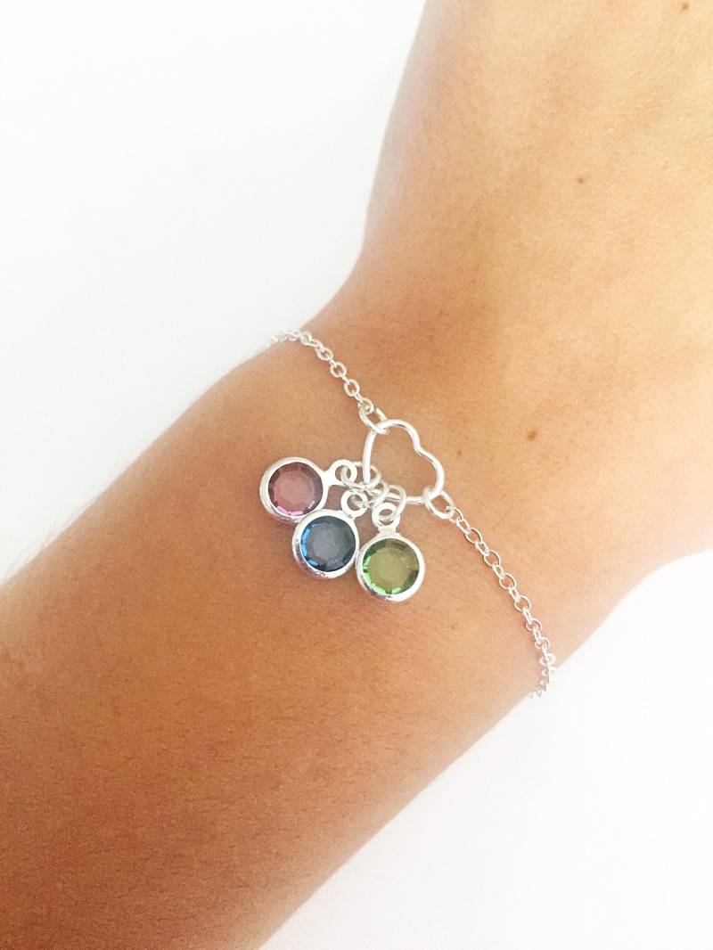 Personalisierte Birthstone Armband Sterling Silber Herz Charm, Familienandenken von ESjoradesign