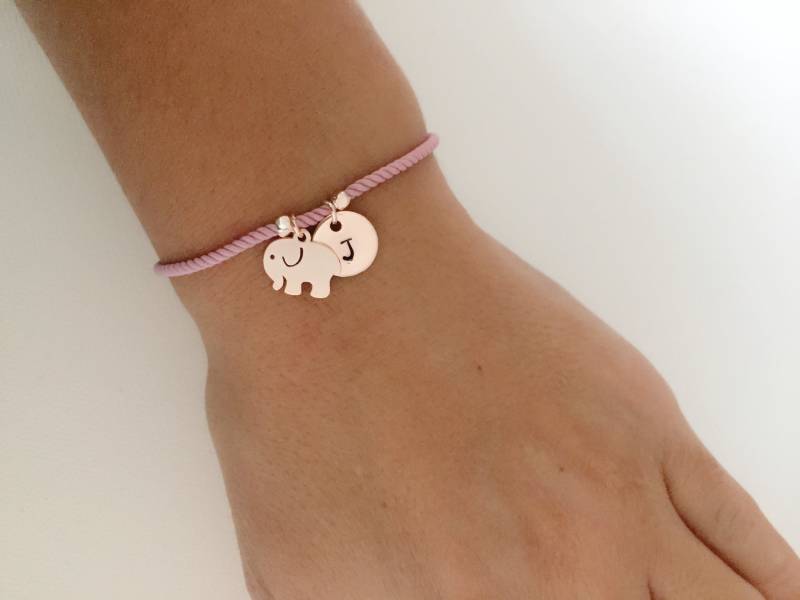 Personalisierte Elefant Bettelarmband Handgestempelte Initiale, Verstellbare Kordel von ESjoradesign