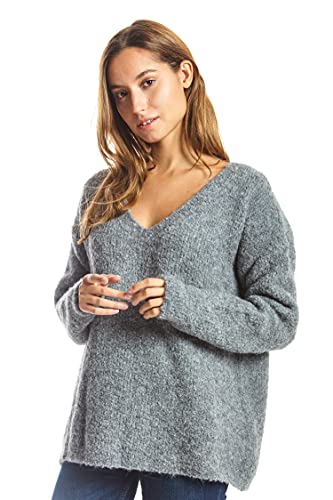 ETERKNITY - Bouclé-Strick Pullover mit V-Ausschnitt für Damen, Grau, S von ETERKNITY