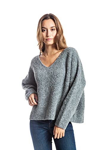 ETERKNITY - Cropped Bouclé-Strick Pullover mit V-Ausschnitt für Damen, Grau, L von ETERKNITY