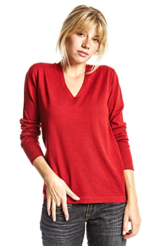 ETERKNITY - Damen Pullover mit V-Ausschnitt aus Extra Fine Merinowolle, Rot, L von ETERKNITY