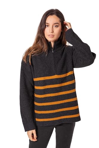 ETERKNITY Pullover Damen Wolle Rollkragen Reißverschlüsse Gestreift Druck, Schwarz , L von ETERKNITY