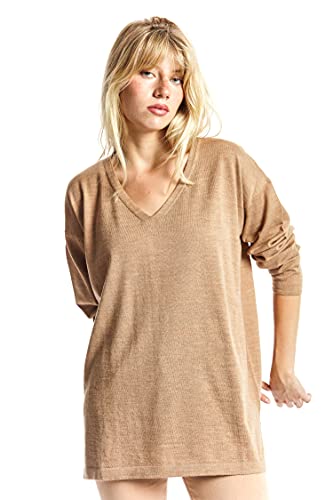 ETERKNITY - taillierter Pullover mit V-Ausschnitt für Damen aus extrafeiner Merinowolle, camel, XL von ETERKNITY