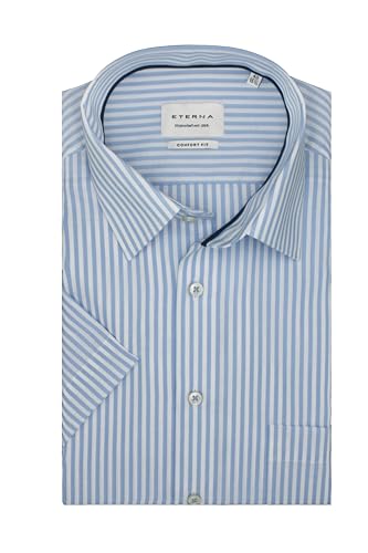 ETERNA Herren Kurzarm Hemd Comfort FIT | Streifen Hellblau-Weiß | Patch | 100% Baumwolle | Kentkragen Gr. 45 von ETERNA