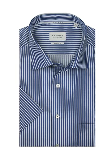 ETERNA Herren Kurzarm Hemd MODERN FIT | Streifen Blau-Weiß | Patch | 100% Baumwolle | Kentkragen Gr. 45 von ETERNA