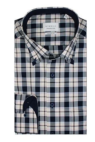 ETERNA Herren Langarmhemd Comfort Fit | Kariert Blau | 100% Baumwolle | Button-Down-Kragen Gr. 48 von ETERNA