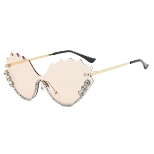 ETETGVG Luxuriöse randlose Sonnenbrille mit Diamantwellen-Motiv für Damen und Herren, trendige Straßenfotografie, Party, UV400 (Gold Tea) von ETETGVG