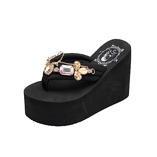 ETHKIA Orthopädisches Schuhe Damen Damenschuhe, Keilabsatz, dicke Sohle, dicker Absatz, Flip-Flops, modische Diamantkette, Hausschuhe Schuhe Damen 36 (Black, 39) von ETHKIA