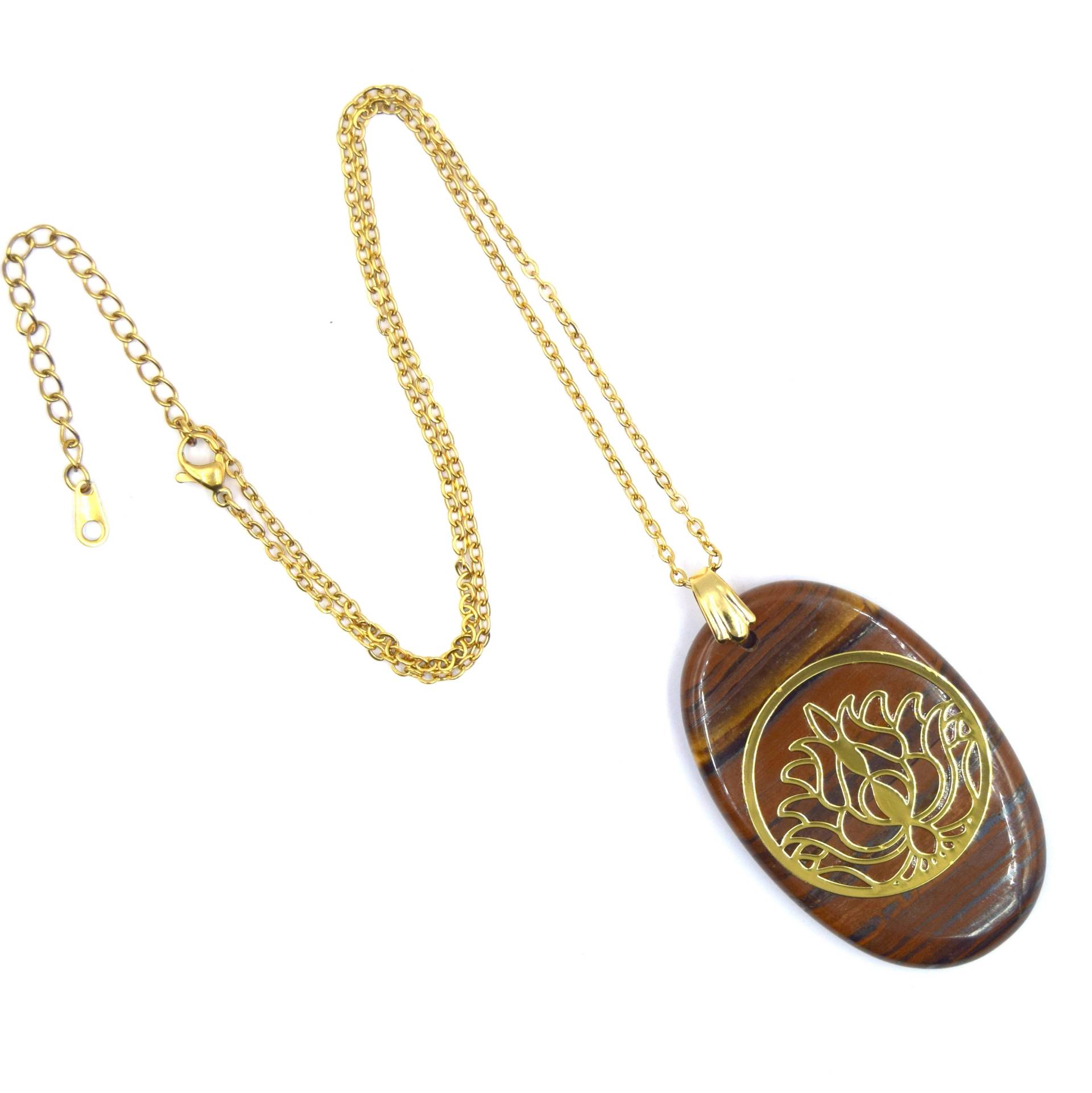 Goldfarbene Lotusblüten-Tigerauge-Kettenhalskette Und Anhänger, Edelstahlschmuck Goldfarbene Lotusblüten-Tigerauge-Kettenhalskette Und Anhänger, Edelstahlschmuck von ETHNICFEATHER
