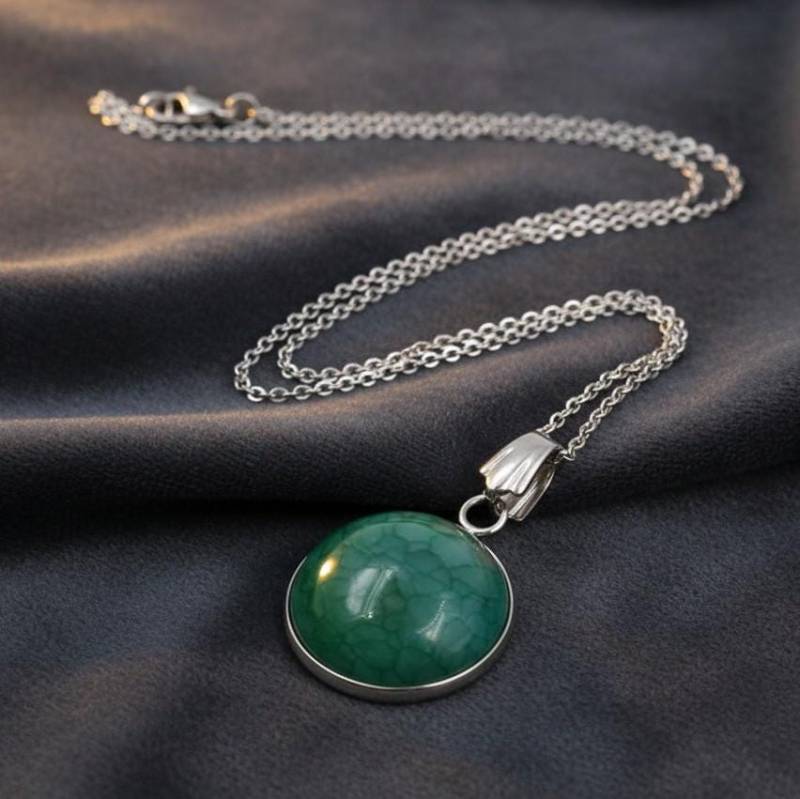 Halskette Mit Anhänger Aus Grünem Drachenader-Achat, Edelstahl-Netzkette von ETHNICFEATHER