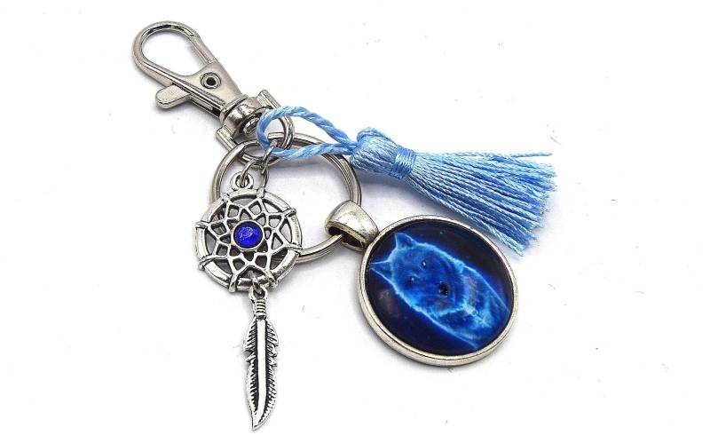 Schlüsselanhänger Wolf Dream-Catcher Blau Pompom-Kette Silber Cabochon Bild, Federn Schlüsselanhänger Wolf Dream-Catcher Blau Pompom-Kette Silber Cabochon Bild, Federn von ETHNICFEATHER