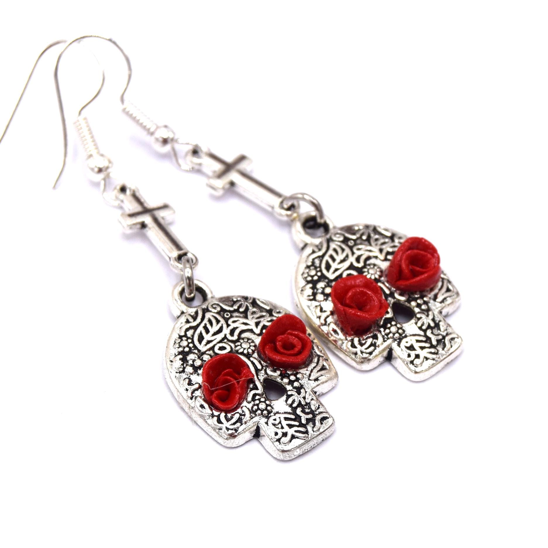 Totenkopf Ohrringe Mit Roten Rosen - Rockschmuck Totenkopf Ohrringe Mit Roten Rosen - Rockschmuck von ETHNICFEATHER