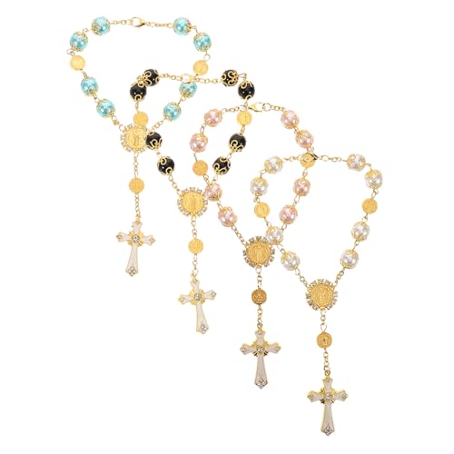 ETHZZLE 4 Stück Gebetsperlen Armbänder mit Kreuzanhänger Vielseitige Handgefertigte Glasperlen Armbänder Weiß Blau Schwarz und Rosa Religiöse Schmuckstücke für Männer und Frauen als Auto von ETHZZLE