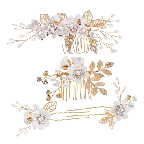 ETHZZLE Blumen Haarkamm Weiß mit Perlen und Strass Hochzeit Haarschmuck Braut Kommunion Haarkämme für Damen Mädchen Dekorative U förmige Seitenkämme Stabil und Komfortabel von ETHZZLE