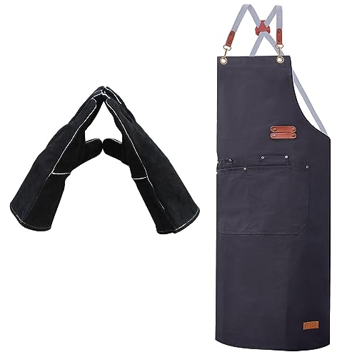 ETLEE Grillhandschuhe Hitzebeständig 300°C Leder +Canvas Grillschürze für Männer – Ofenhandschuhe & Kochschürze Herren mit Metallknöpfen, Grillzubehör Geschenk für BBQ, Küche von ETLEE