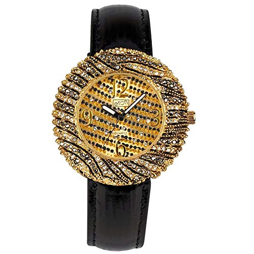 Eton Goldfarbenes Gehäuse mit Strasssteinen, gestreiftes Design, PU-Band – 2942J-ZB von ETON