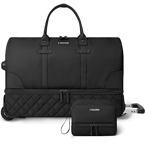 ETRONIK Reisetasche mit Rollen, Reisetasche, 21 Zoll Reisetasche Damen mit Schminktasche, 21x14x9 Zoll Flug Genehmigt Weekender mit Rollen, Schwarz von ETRONIK