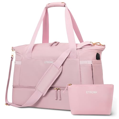 ETRONIK Sporttasche Reisetasche Damen, Weekender mit Schuhfach & Nassfach, Sport Travel Bag Weekender Damen für Reisen Gym Yoga, Handgepäck Tasche für Flugzeug, Rosa, Mittel von ETRONIK